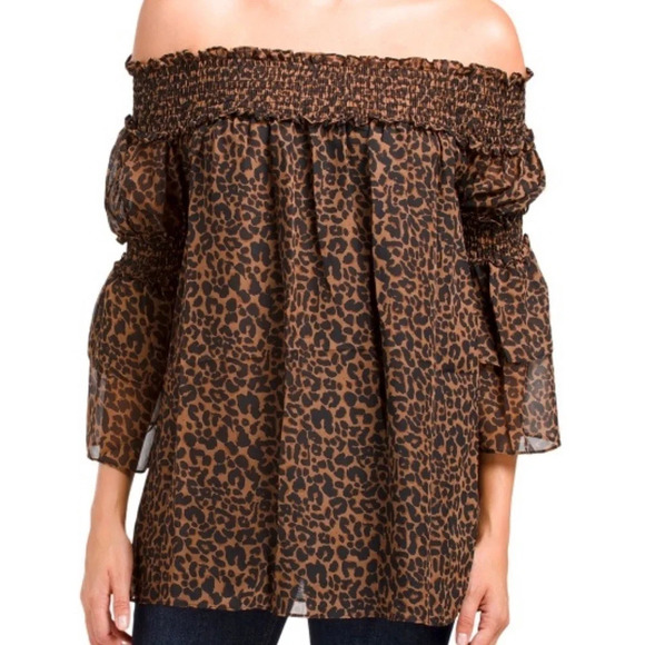 Max Studio Tops - MAX STUDIO Off Shoulder Tier Sleeve Leopard Printed Top